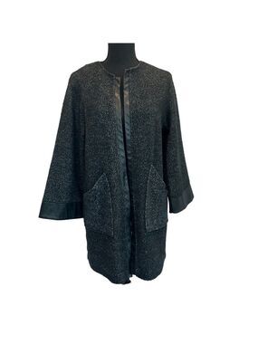 Zara Collection gray black Open Front Faux Leather Trim Cardigan Sweater Sz M